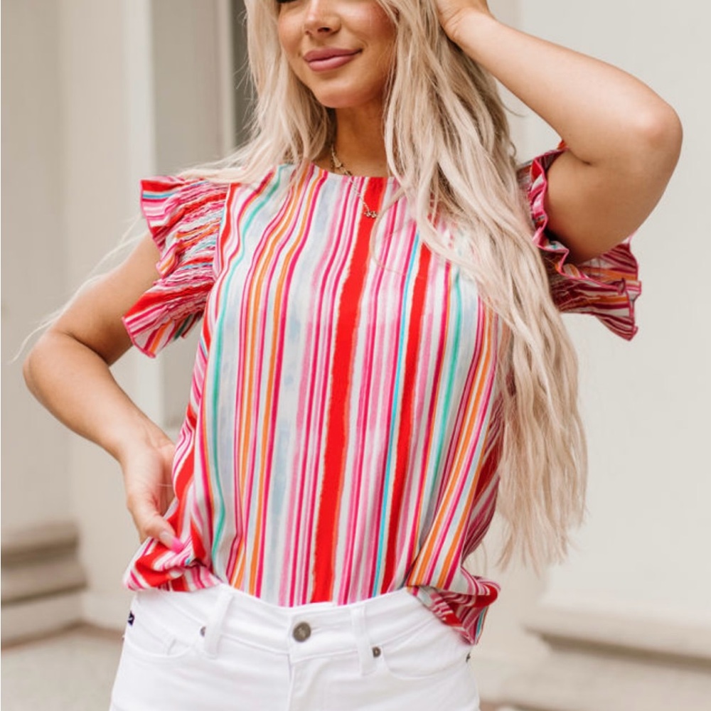 Striped Multicolor Ruffle Sleeve Top